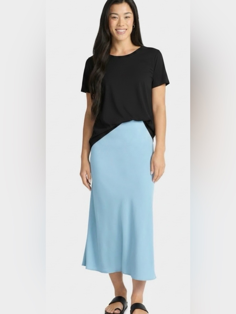 NWOT Time and Tru Satin Midi Skirt Blue Bias Cut Elastic Waist Size L 12-14